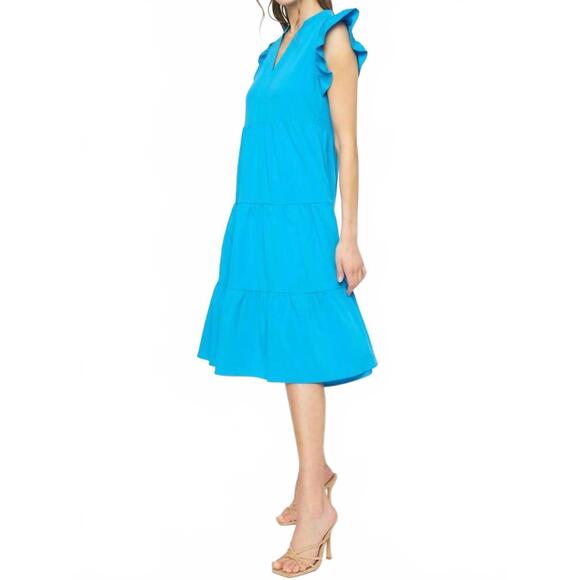 NEW ENTRO ruffled pocket tiered midi dress in cobalt - Picture 5 of 7